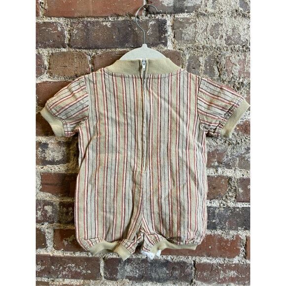 Tiny Tots Original Tan/Maroon Striped Romper with Airplane Aircraft Toggle Butto - Picture 9 of 11